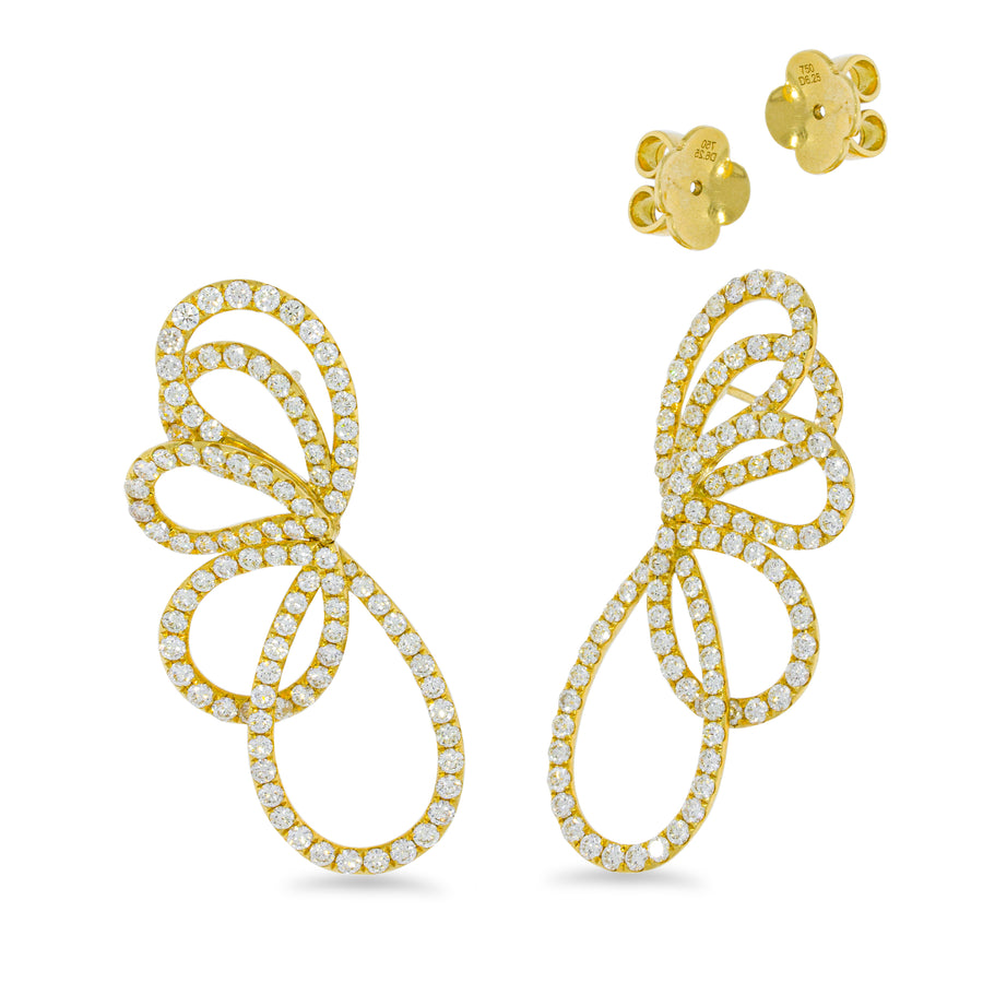 Long Butterfly wings Halo diamonds earing, yellow 18k gold, big stuning and sparkling.