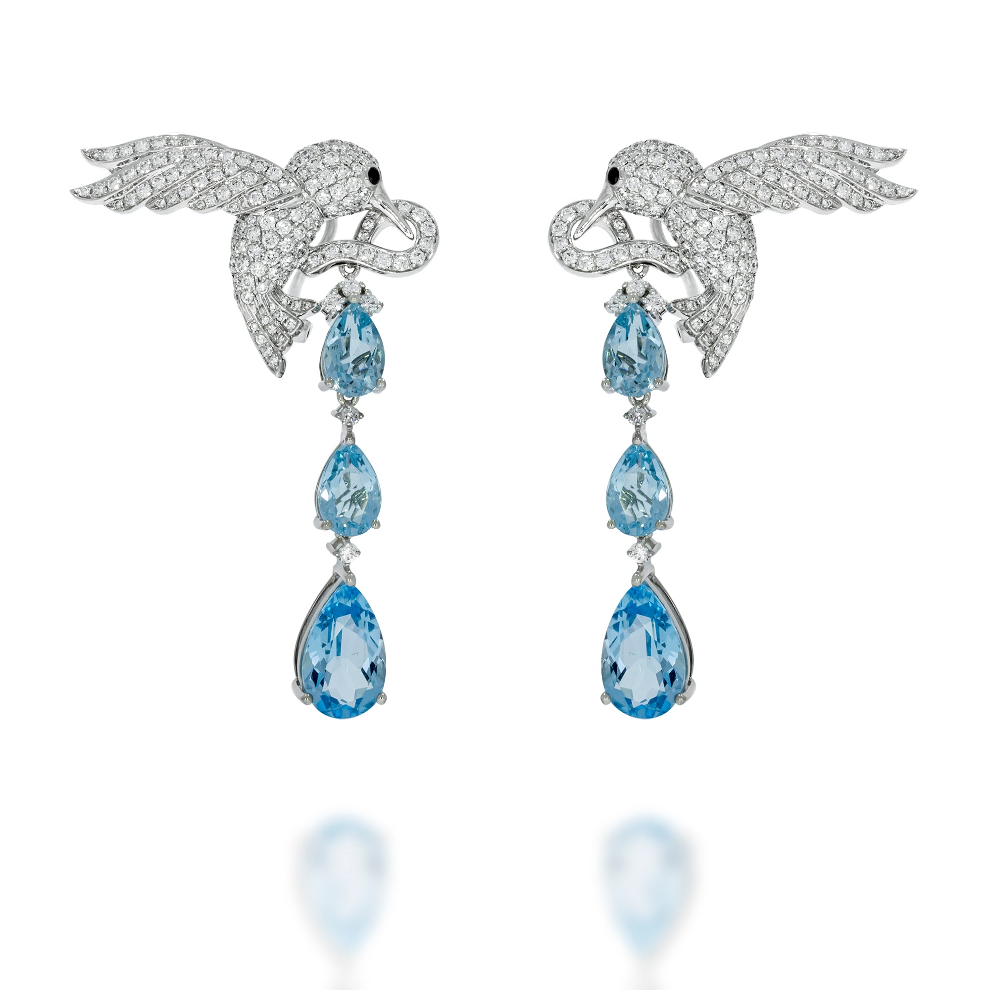 Luxurious bird shape 18K white gold pave diamonds earrings, drop earing with 6 exclusive PS Blue Topaz gems.