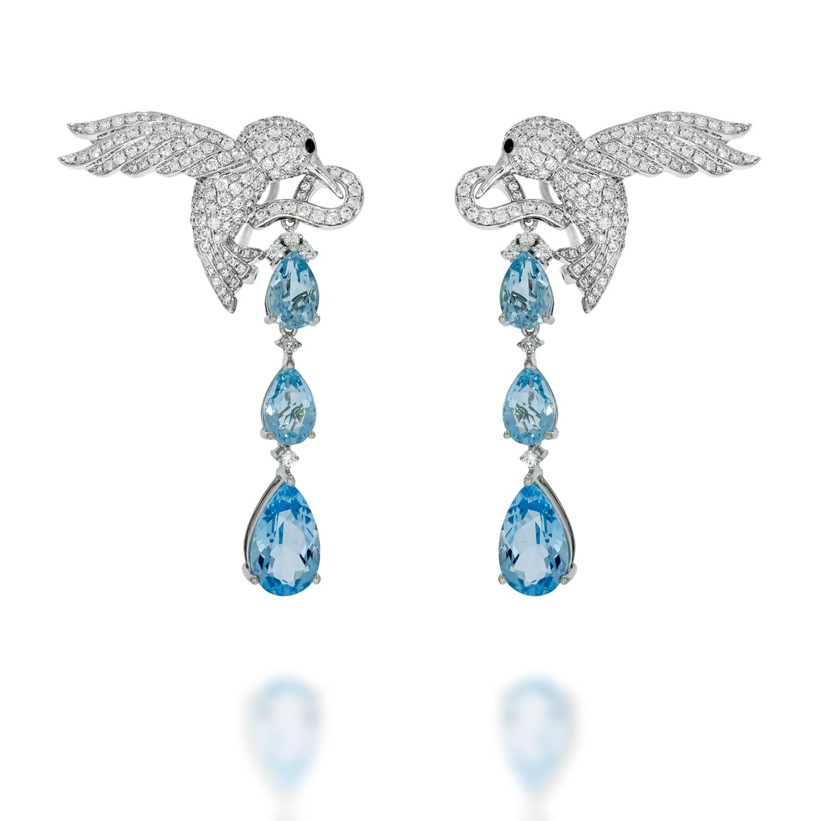 Luxurious bird shape 18K white gold pave diamonds earrings, drop earing with 6 exclusive PS Blue Topaz gems.