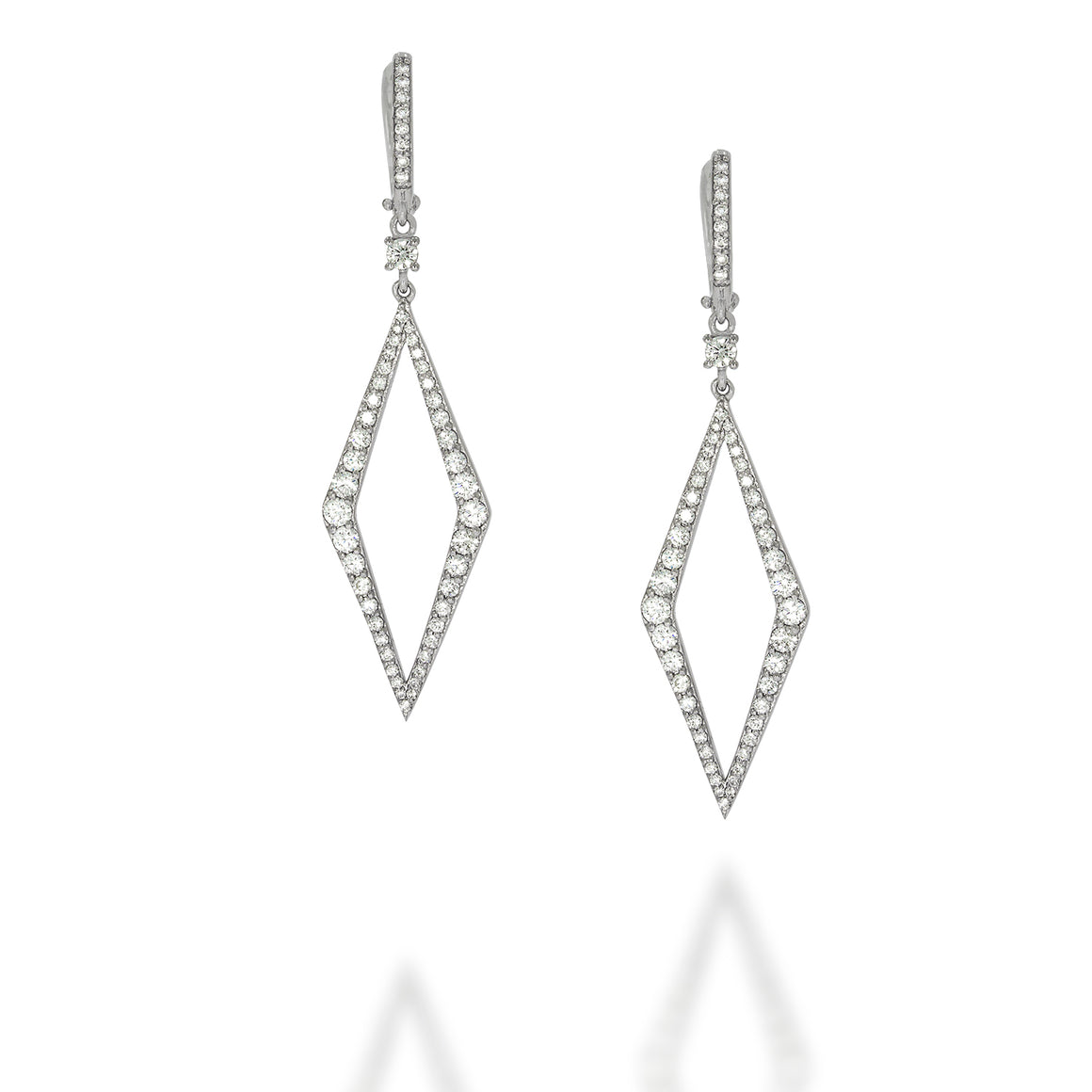 Long 18K White Gold Diamond Drop Triangle Earrings, triangle pave diamonds. drop, dangle and sparkling. wedding engagement earrings.