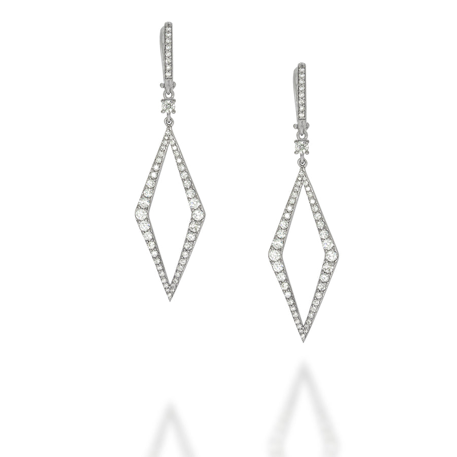 Long 18K White Gold Diamond Drop Triangle Earrings, triangle pave diamonds. drop, dangle and sparkling. wedding engagement earrings.