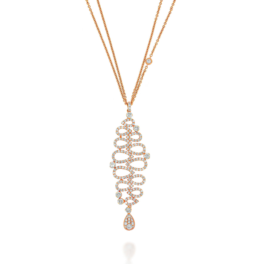 Stunning Multi drops pendant, 12 halo diamonds drops and 1 pave drop, long pendant, Double chain with diamonds along the chain.