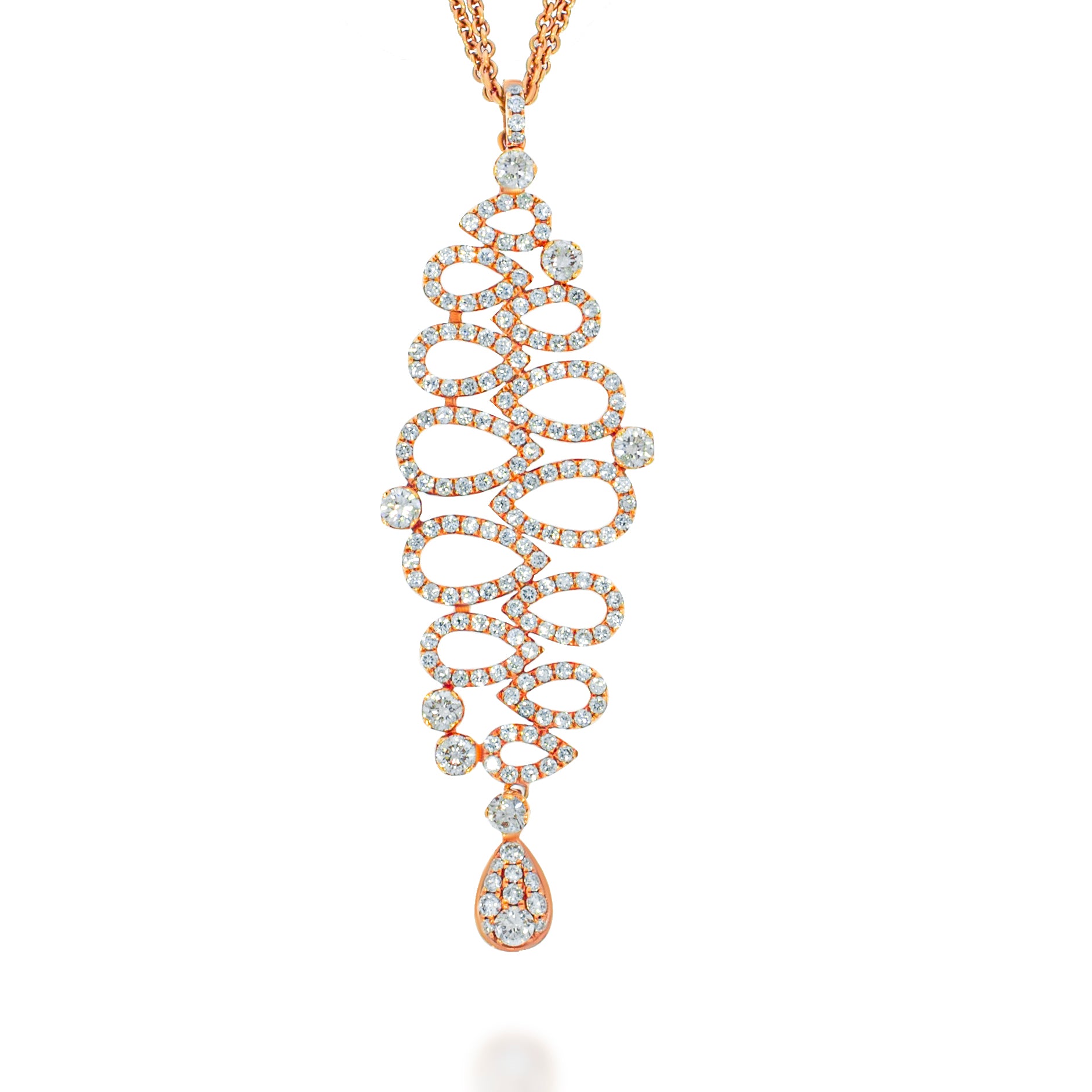 Stunning Multi drops pendant, 12 halo diamonds drops and 1 pave drop, long pendant, Double chain with diamonds along the chain.