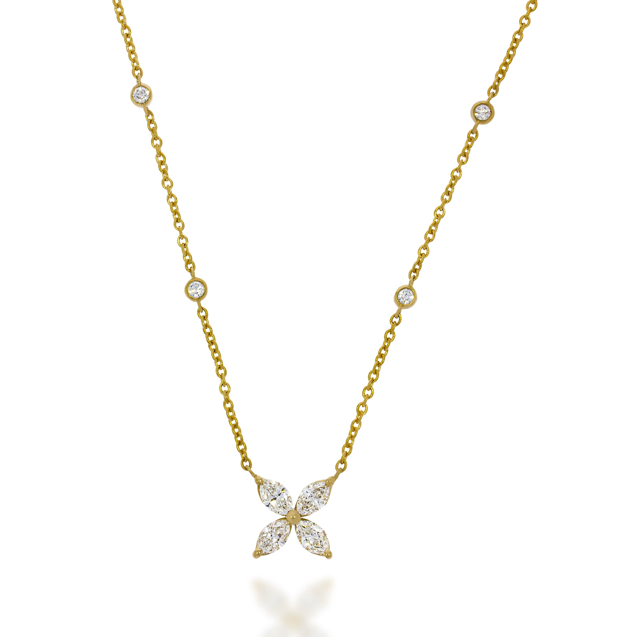 Flower necklace , four petal, marquise Diamond, chain necklace with four round diamonds , floating Diamond , delicate yellow gold chain.