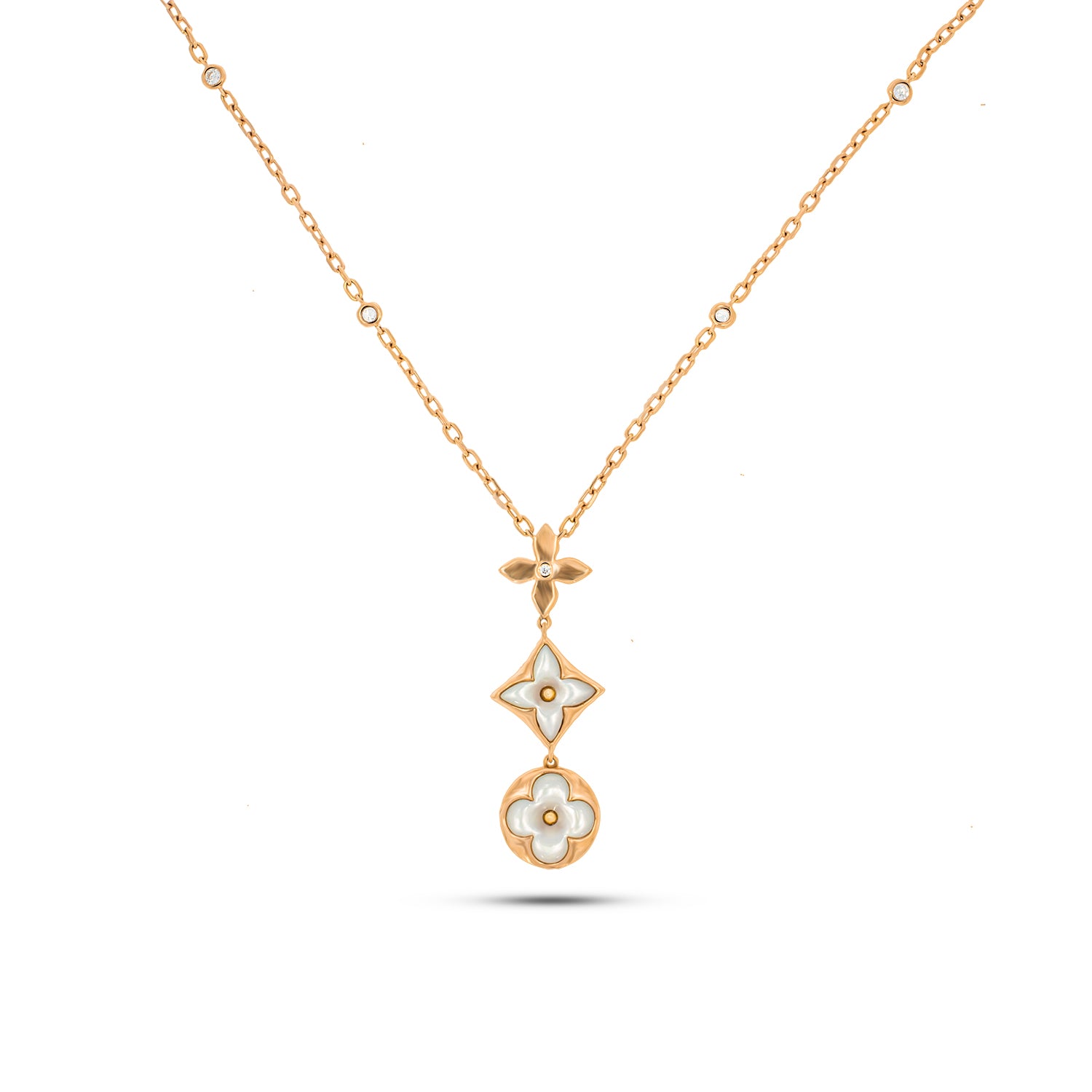 Trail necklace with 3 Specials flowers pendant cast in 18K rose gold, 2 perfect Mother of pearl & 9 brilliant cut round diamonds.