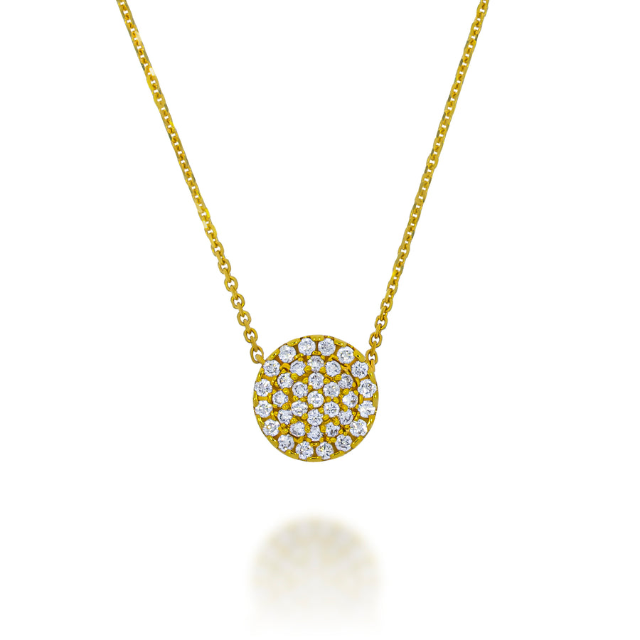 18k yellow gold  disc round pendant pave with shiny diamonds on delicate yellow gold chain. the back of pendant is beautiful design