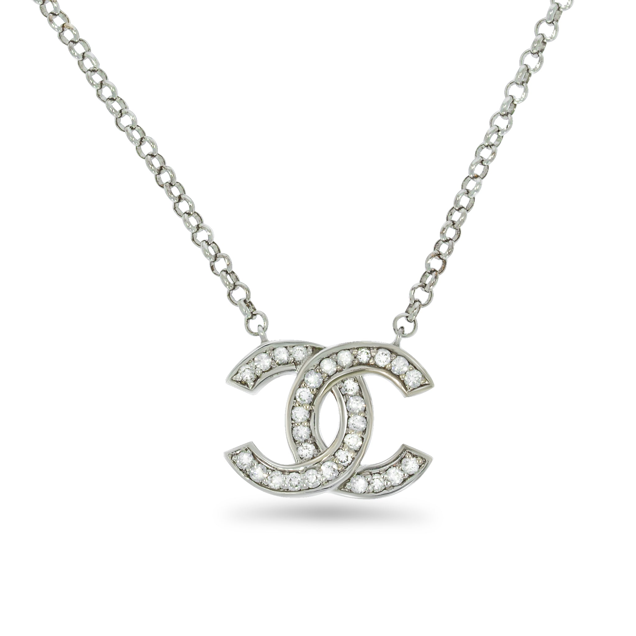 diamonds Pendant Necklace, CC Pendant, 18K white gold set with 0.27ct round sparkling diamonds.