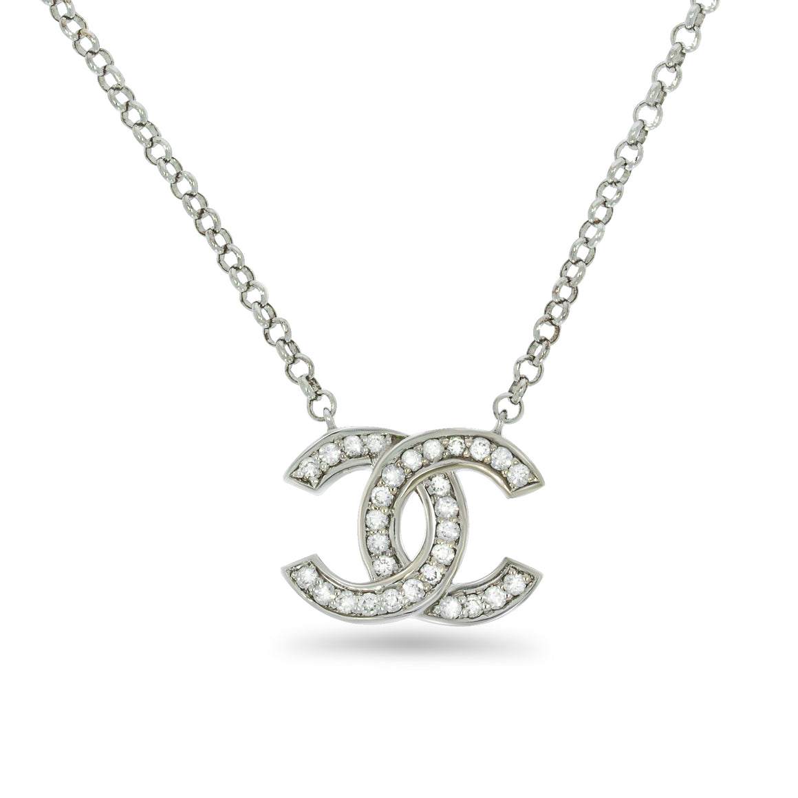 diamonds Pendant Necklace, CC Pendant, 18K white gold set with 0.27ct round sparkling diamonds.