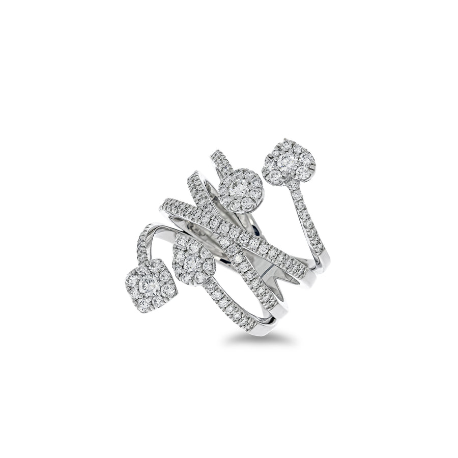 Elegant Ring, curve around a finger. Criss cross layers Pave white gold. Crossover Layers edges: round, square, pear shap and hart shapes.