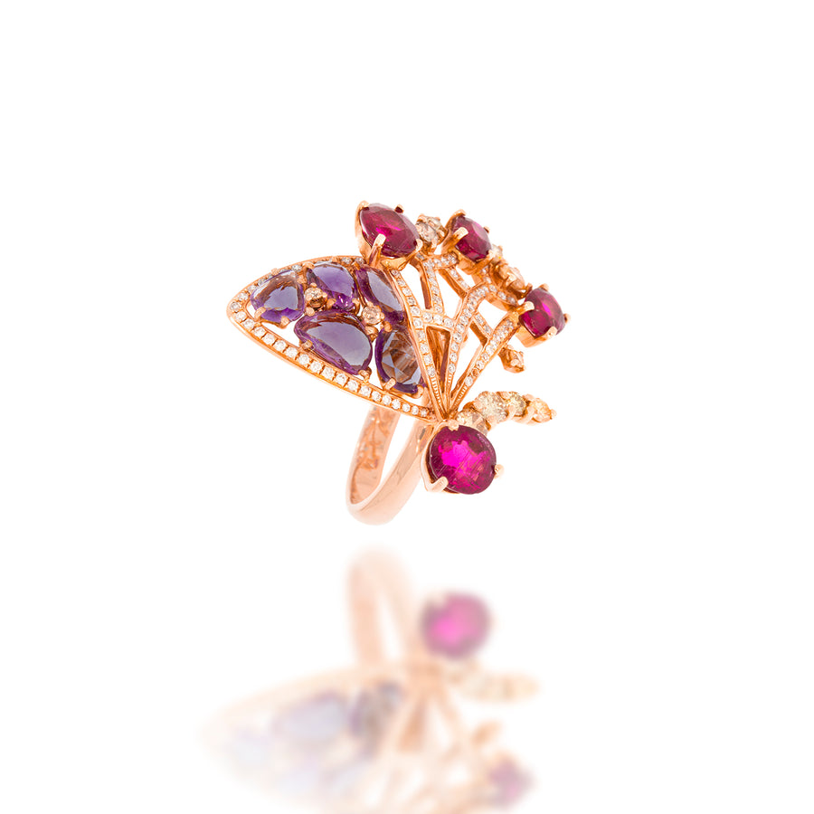 Unique design, colorful Ring! 18K rose gold set with mix beautiful gemstone and fancy diamonds.  An impressive and unique gift.