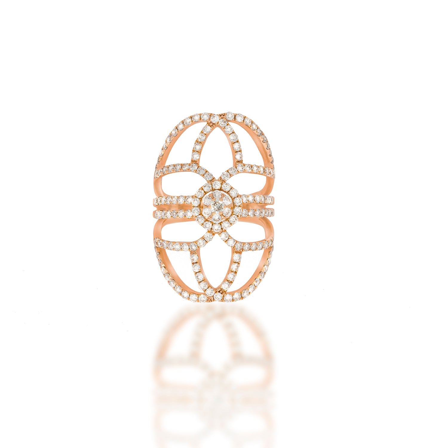 Diamond filigree ring, flower shape diamonds pave at the center. A unique engagement ring. 18K rose gold set with 145 round diamonds.