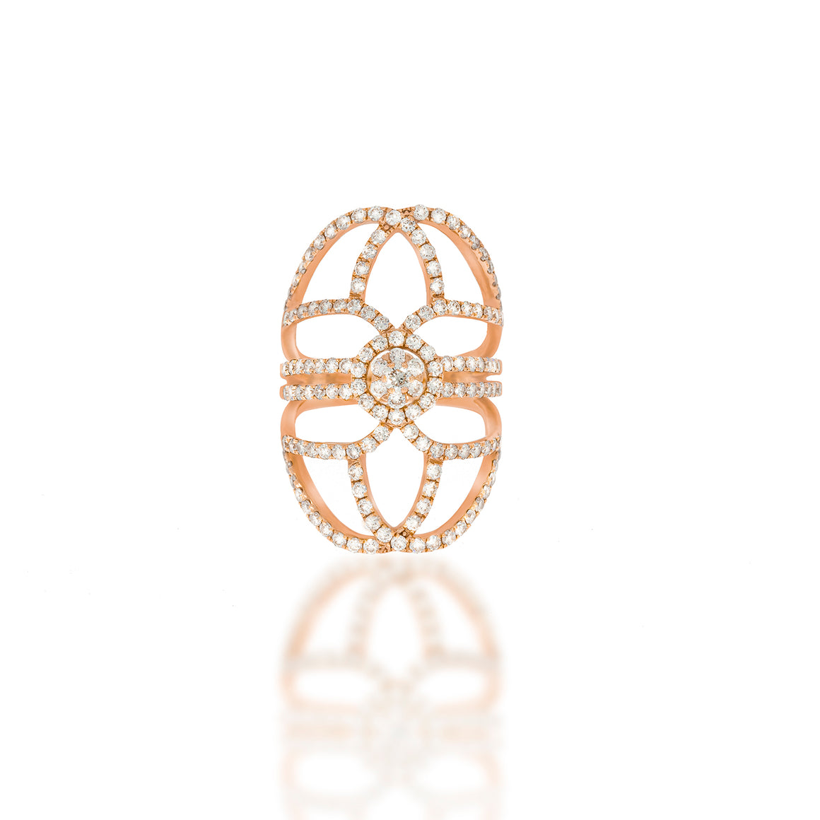 Diamond filigree ring, flower shape diamonds pave at the center. A unique engagement ring. 18K rose gold set with 145 round diamonds.
