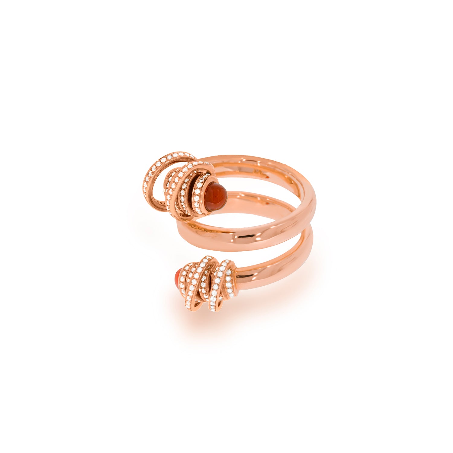 Spiral Rose Gold Diamond Ring, Rose Gold Spiral Diamond Ring and 2 Carnelian gemstone 0.83 ct.