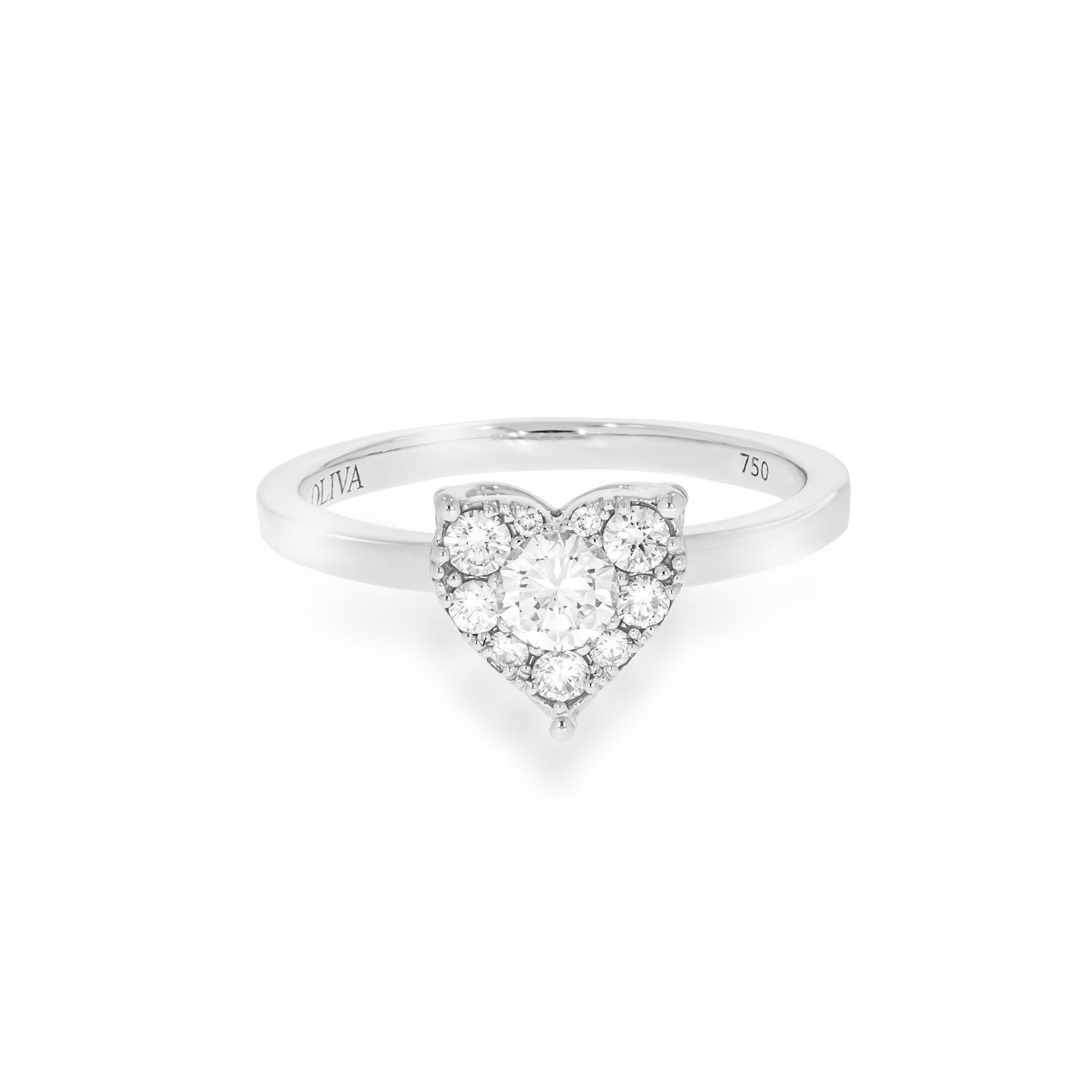 Engagement ring, Pave Diamond Heart shape ring, 1 round brilliant diamonds and 7 more round diamond set in a heart 18K white gold.