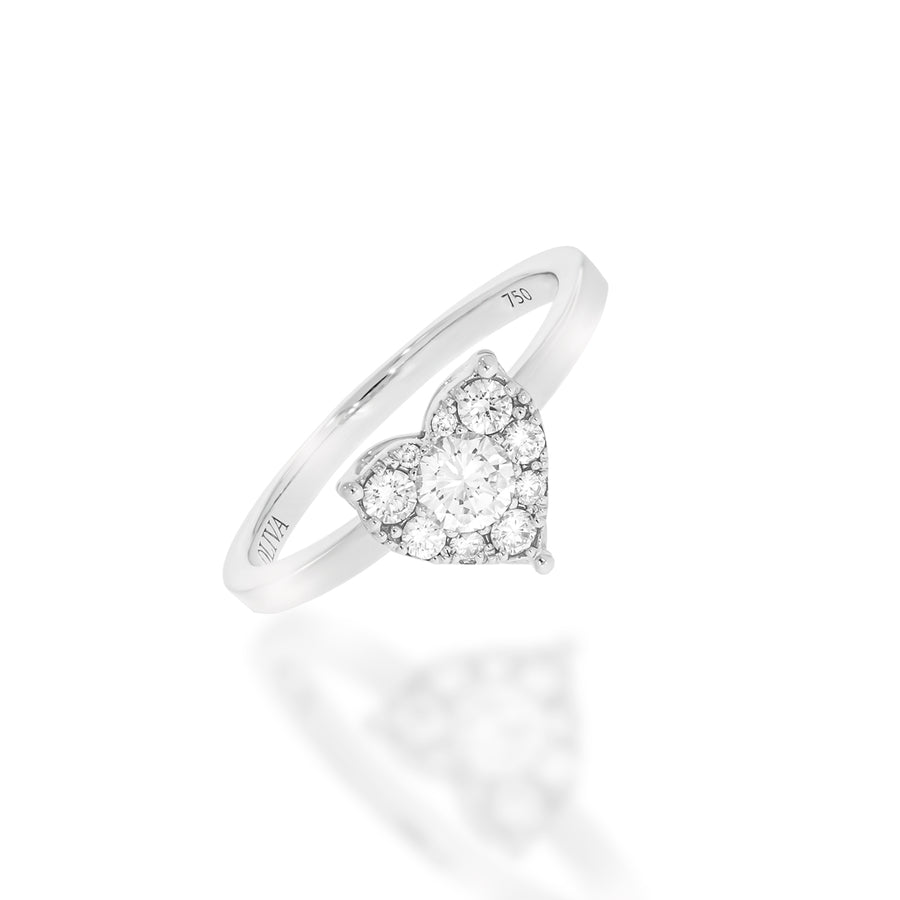 Engagement ring, Pave Diamond Heart shape ring, 1 round brilliant diamonds and 7 more round diamond set in a heart 18K white gold.